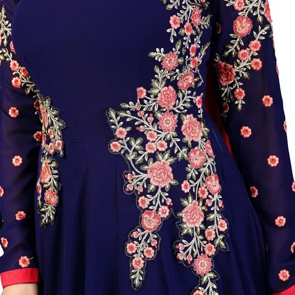 Elegant Navy Blue Floral Embroidered Dress - Picture 4 of 4